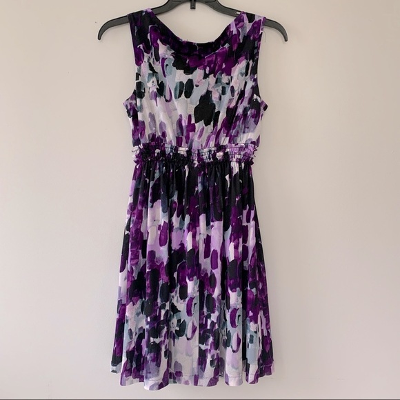 AB Studio Dress Purple Black White Flower V-neck Size 6 - Picture 2 of 10